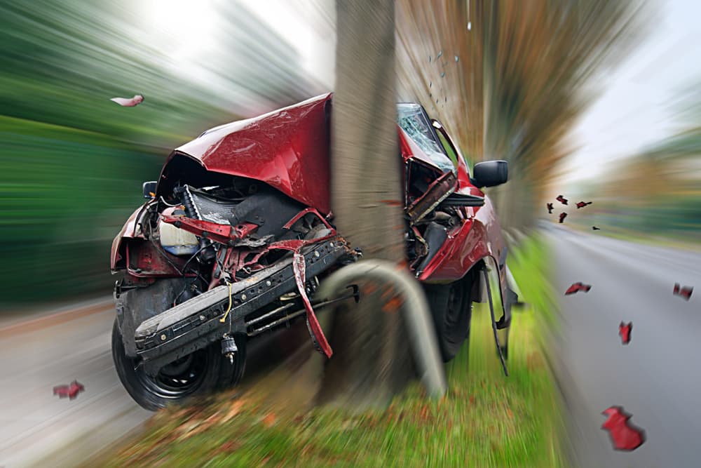 speeding car crashing into tree