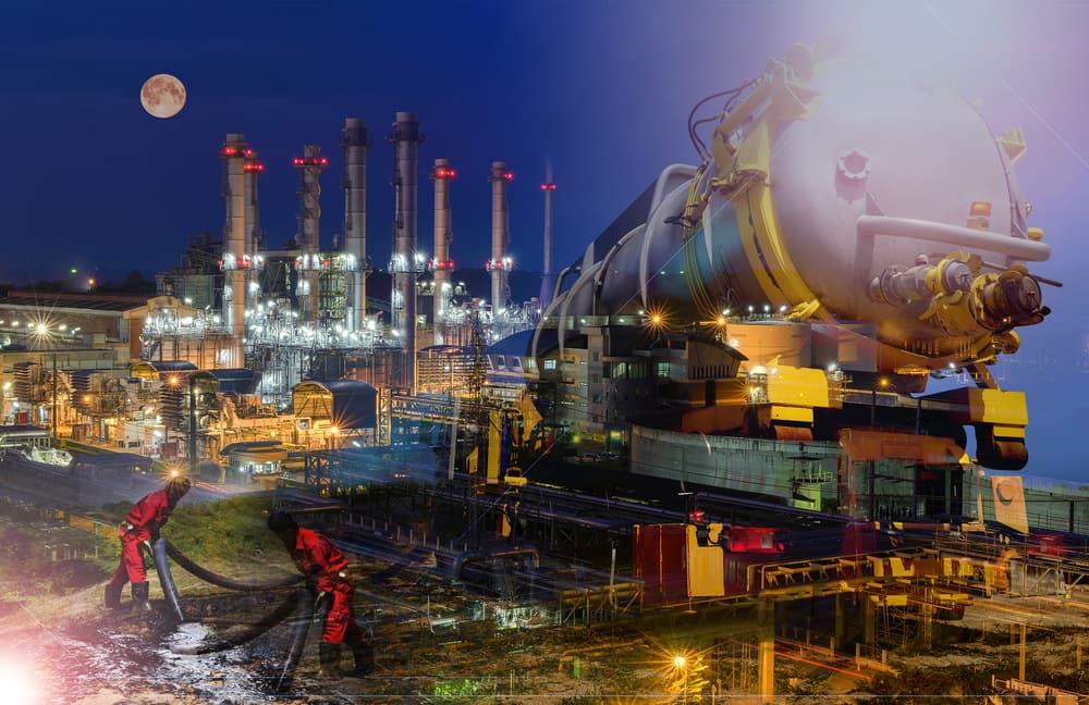 oil field and workers at night